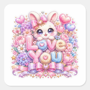 Schattig Kawaii Love You Bunny Konijn Pastel Roze Vierkante Sticker