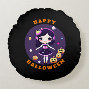 Schattig Kawaii Meisje in Pompoenen Halloween Rond Kussen