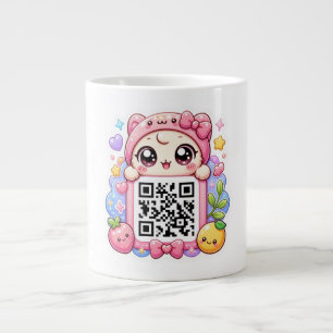 Schattig Kawaii Roze QR Code Karakter Bloemige Pas Grote Koffiekop
