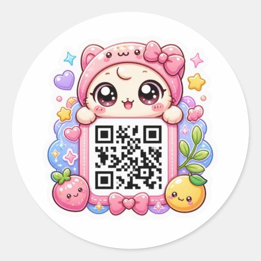 Schattig Kawaii Roze QR Code Karakter Bloemige Pas Ronde Sticker (Voorkant)