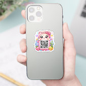 Schattig Kawaii Roze QR Code Karakter Bloemige Pas Sticker (Telefoon)