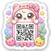 Schattig Kawaii Roze QR Code Karakter Bloemige Pas Sticker (Voorkant)