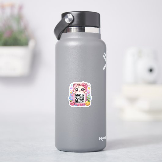 Schattig Kawaii Roze QR Code Karakter Bloemige Pas Sticker (HydroFlask)