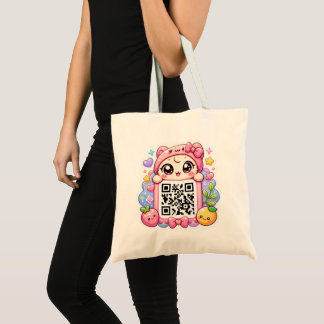 Schattig Kawaii Roze QR Code Karakter Bloemige Pas Tote Bag