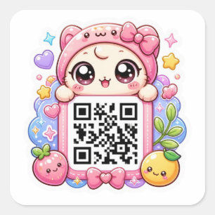 Schattig Kawaii Roze QR Code Karakter Bloemige Pas Vierkante Sticker