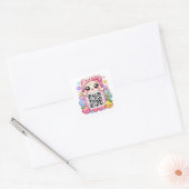 Schattig Kawaii Roze QR Code Karakter Bloemige Pas Vierkante Sticker (Envelop)