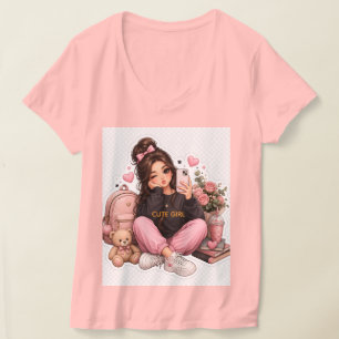 Schattig Kawaii Selfie Meisje Sticker T-Shirt Ontw