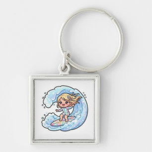 Schattig Kawaii Surfmeisje Oceaan Golf Zomer Stran Sleutelhanger