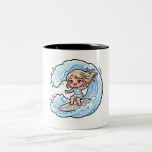 Schattig Kawaii Surfmeisje Oceaan Golf Zomer Stran
