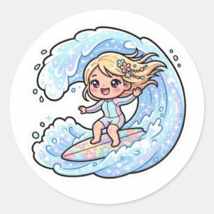 Schattig Kawaii Surfmeisje Oceaangolf Zomer Sticke Ronde Sticker