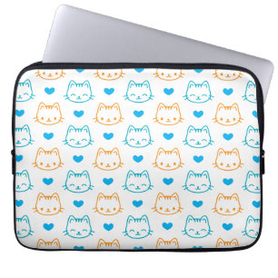 Schattig Kawaii Turquoise en Oranje Kattengezichtj Laptop Sleeve