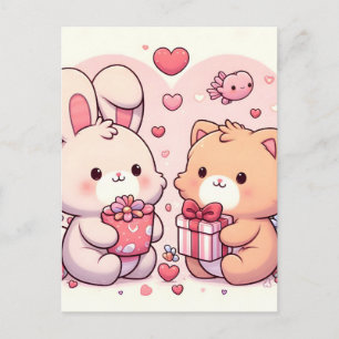 Schattig Kawaii Valentijn Konijn Beer Liefdescadea Feestdagenkaart