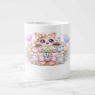 Schattig Kawaii Volg Ons Kat Pastel Roze Sociale M Grote Koffiekop