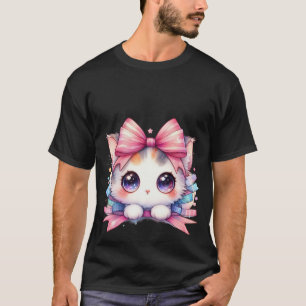 Schattig Kawaii Witte Kitten Roze Lint Boog Magisc T-shirt