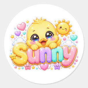 Schattig Kawaii Zonnig Kuiken Naam Pastel Roze Gla Ronde Sticker