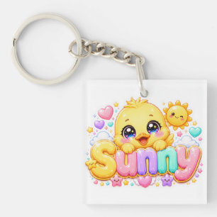 Schattig Kawaii Zonnig Kuiken Naam Pastel Roze Gla Sleutelhanger