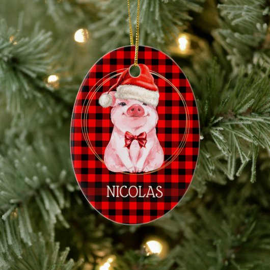 Schattig Kerst Varken Met Buffalo Plaid Rood Grapp Keramisch Ornament (Boom)