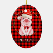 Schattig Kerst Varken Met Buffalo Plaid Rood Grapp Keramisch Ornament (Voorkant)