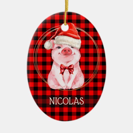 Schattig Kerst Varken Met Buffalo Plaid Rood Grapp Keramisch Ornament (Voorkant)