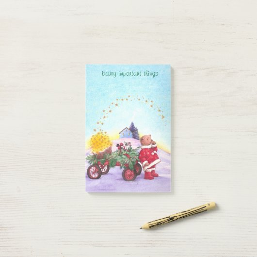 Schattig kerstBeer met rode wagon Post-it® Notes (Op bureau)