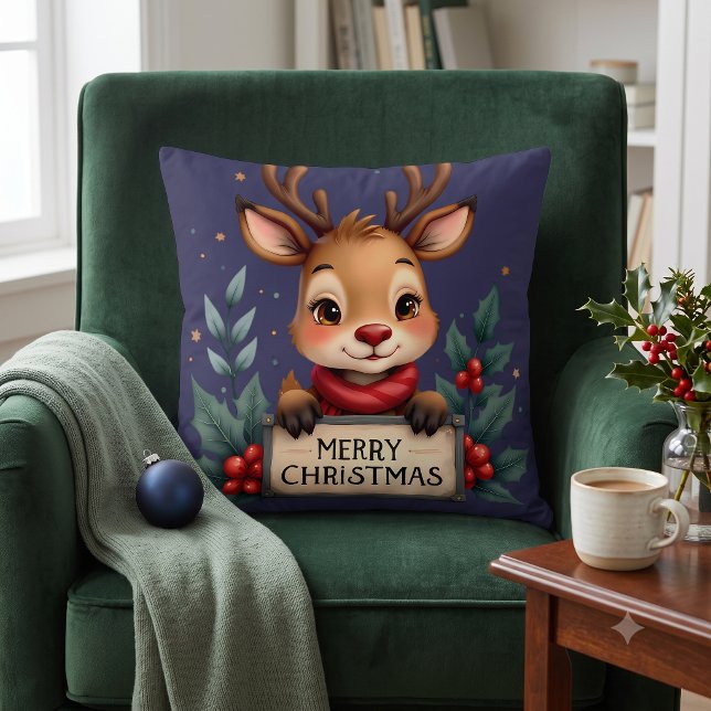 Schattig Kersthert met Hulst en Bord Kussen (Cute Christmas Reindeer with Holly and Sign Throw Pillow)