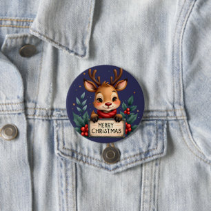 Schattig Kersthert met Hulst en Bord Ronde Button 7,6 Cm
