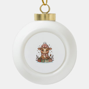 Schattig Kerstkalf Met Cadeaus Vintage Vector_1 Keramische Bal Ornament