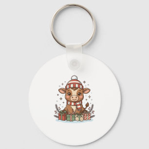 Schattig Kerstkalf Met Cadeaus Vintage Vector_1 Sleutelhanger