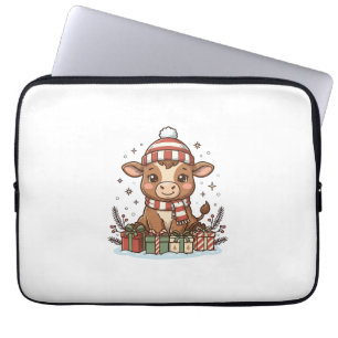 Schattig Kerstkalfs Met Cadeaus Vintage Vector_1 Laptop Sleeve