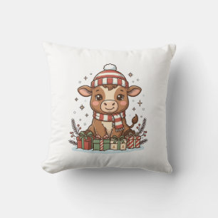 Schattig Kerstkalfsje Met Cadeaus Vintage Vector_1 Kussen