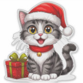 Schattig Kerstkatje Met Kerstmannenhoed Sticker (Voorkant)