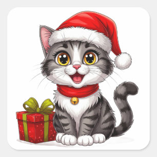 Schattig Kerstkatje Met Kerstmannenhoed Vierkante Sticker