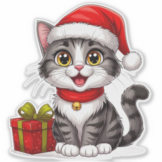Schattig kerstkatje met kerstmuts sticker (Voorkant)