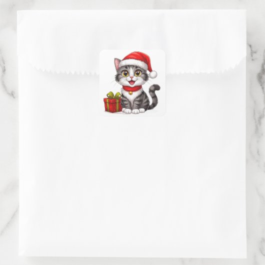 Schattig kerstkatje met kerstmuts vierkante sticker (Tas)