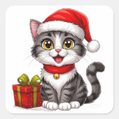 Schattig kerstkatje met kerstmuts vierkante sticker (Voorkant)