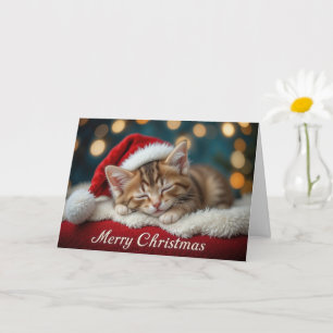 Schattig Kerstkatje met rode kerstman hoed Kaart