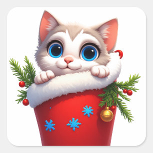 🎁 Schattig Kerstkatje Vakantiesok Scene 🐾 Vierkante Sticker