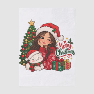 Schattig Kerstmeisje en Kat Gezellige Feestdagen Tissuepapier