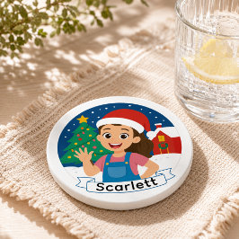 Schattig Kerstmeisje Gepersonaliseerde Holiday Vre Zandsteen Onderzetter
