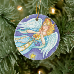 Schattig Kerstmis, Engel Muzikant Speelt Haar Hoor Keramisch Ornament