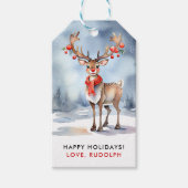 Schattig Kerstmis Winter Rudolph Rendier Waterverf Cadeaulabel (Voorkant)