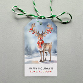Schattig Kerstmis Winter Rudolph Rendier Waterverf Cadeaulabel