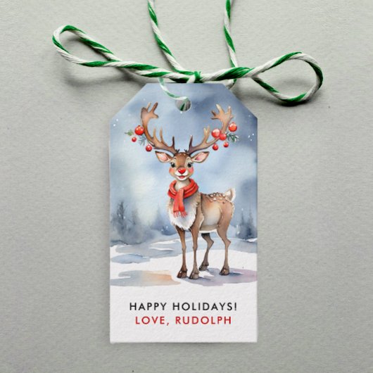 Schattig Kerstmis Winter Rudolph Rendier Waterverf Cadeaulabel
