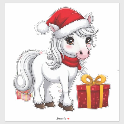 Schattig Kerstpaard Met Kerstmannenhoed Sticker (Vel)