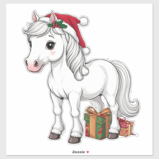 Schattig Kerstpaard Met Kerstmannenhoed Sticker (Vel)