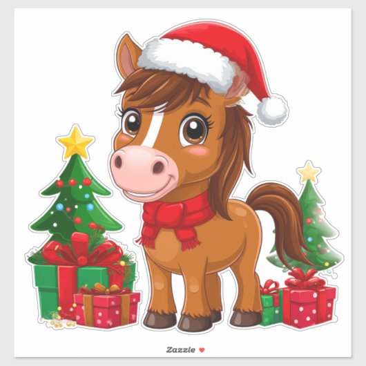 Schattig Kerstpaard Met Kerstmannenhoed Sticker (Vel)
