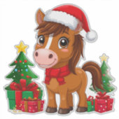 Schattig Kerstpaard Met Kerstmannenhoed Sticker (Voorkant)