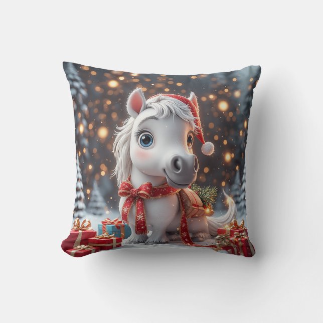 Schattig Kerstpony Met Kerstmannenhoed Kussen (Voorkant)