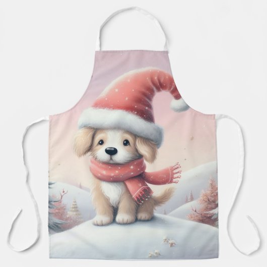 Schattig Kerstpuppy in kerstmuts Schort (Voorkant)