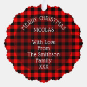 Schattig Kerstvarken Met Buffalo Geruite Rode Grap Ornament Kaart (Achterkant)